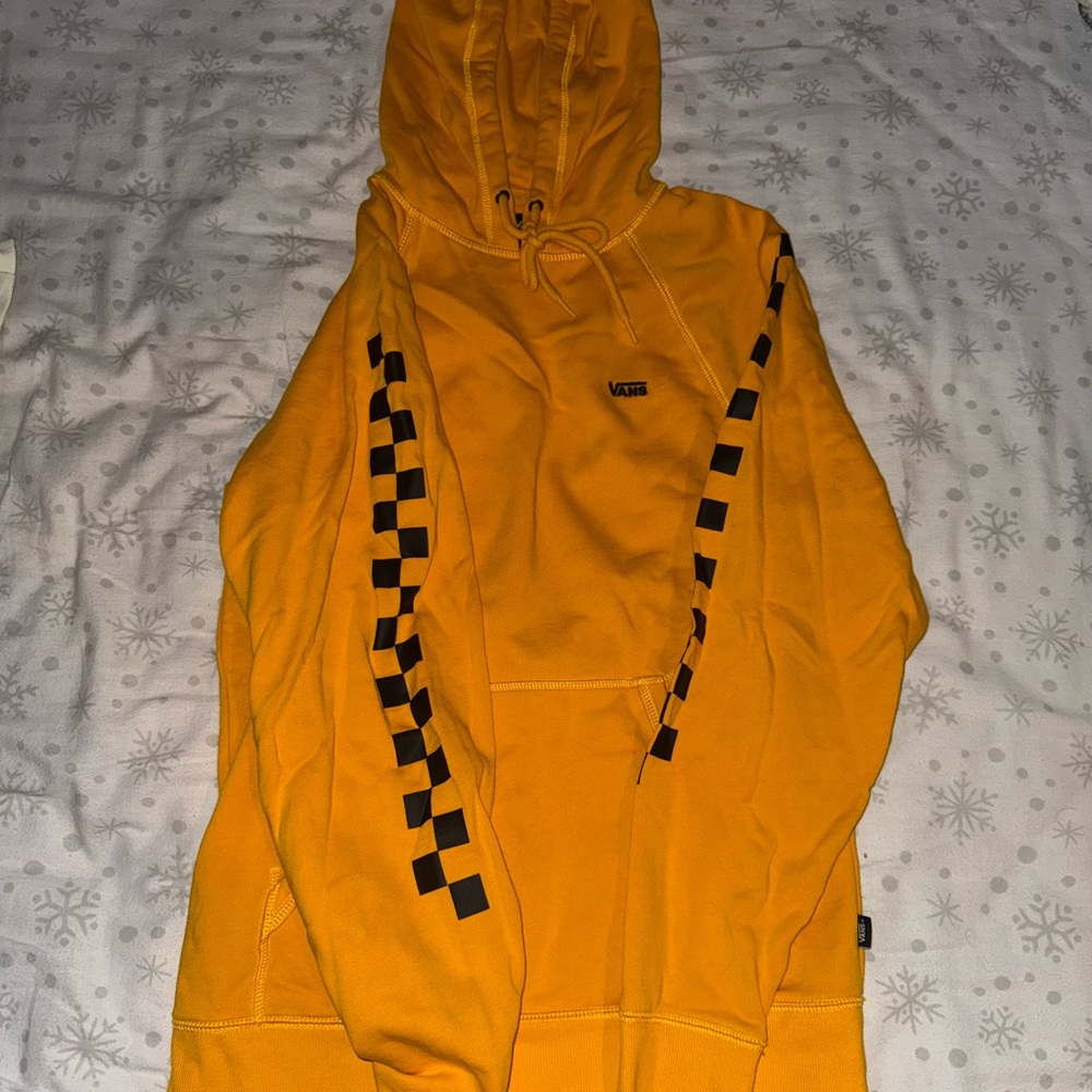 Vans Men's Mustard Hoodie with Black Checkered Sleeves